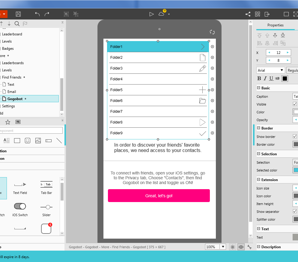 Wireframe-based user interface mockup for a mobile application